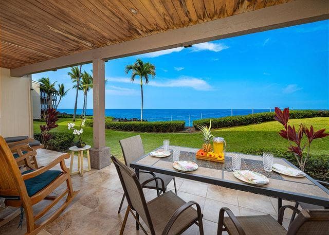 Covered patio with ocean view