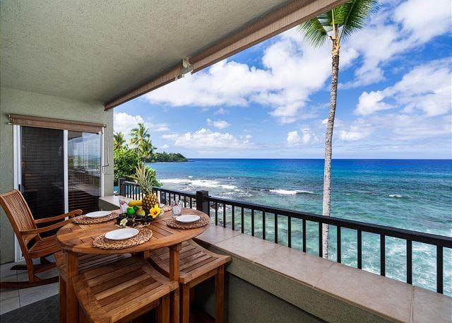 Covered patio with ocean view