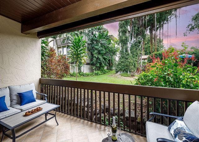 Covered patio with ocean view