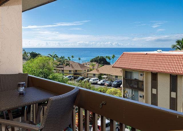 Covered patio with ocean view