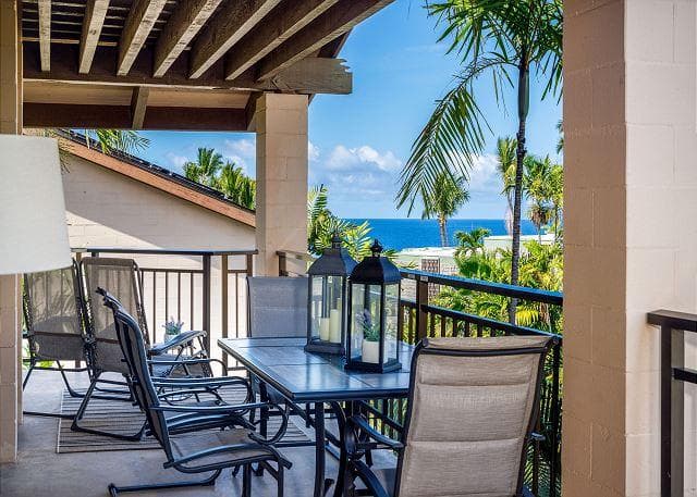 Covered patio with ocean view