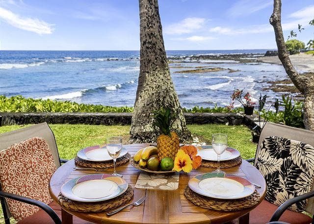Covered patio with ocean view