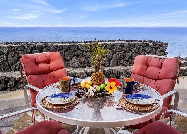 Covered patio with ocean view