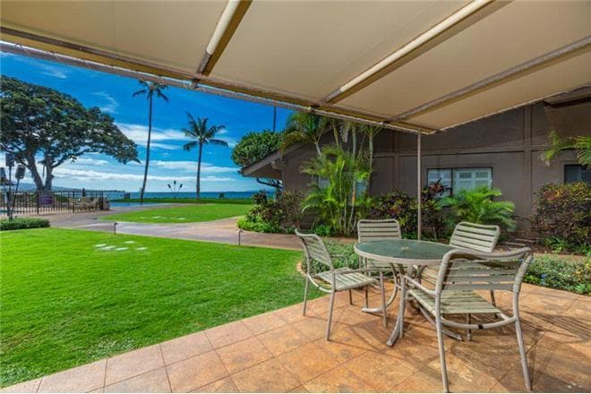 Covered patio with ocean view