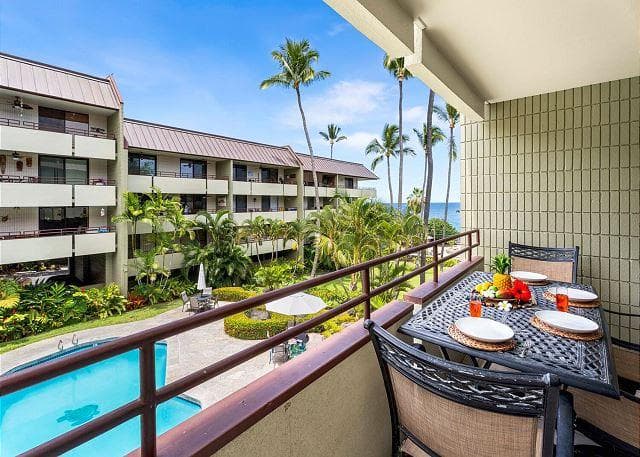 Covered patio with ocean view