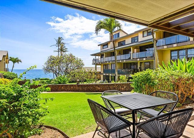 Covered patio with ocean view