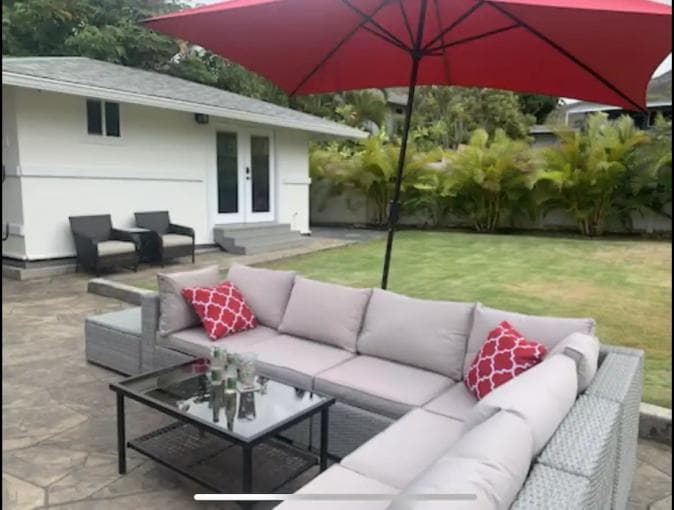 Covered patio with ocean view