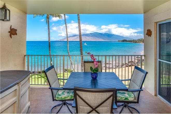Covered patio with ocean view