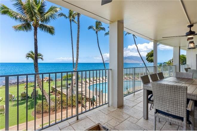 Covered patio with ocean view