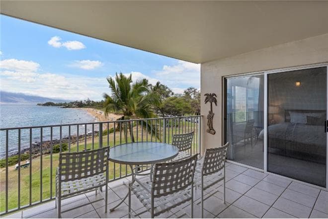 Covered patio with ocean view