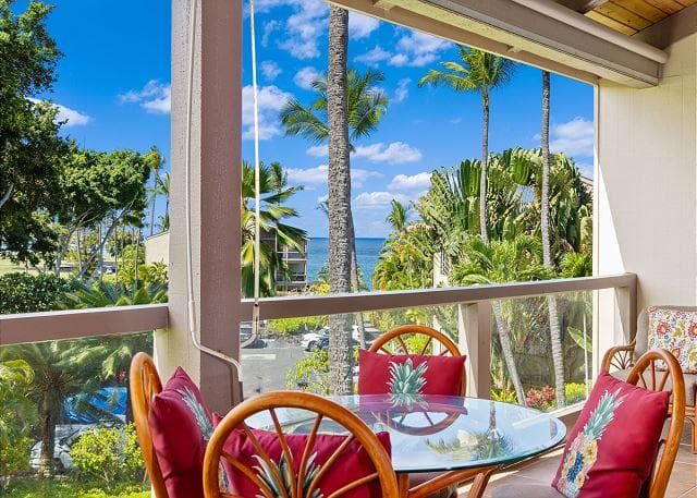 Covered patio with ocean view