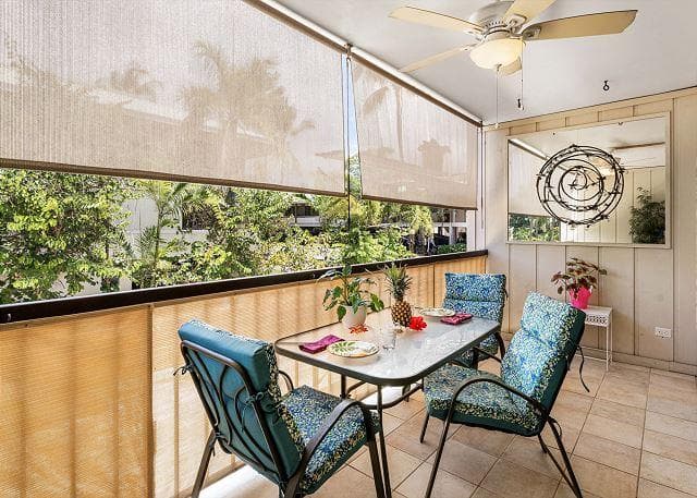 Covered patio with ocean view