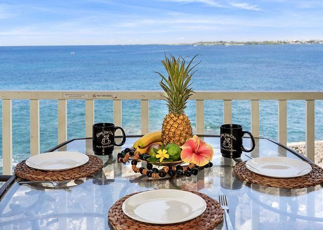 Covered patio with ocean view