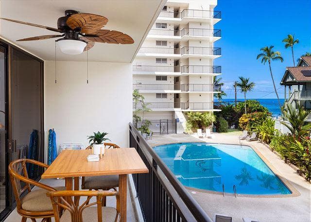 Covered patio with ocean view