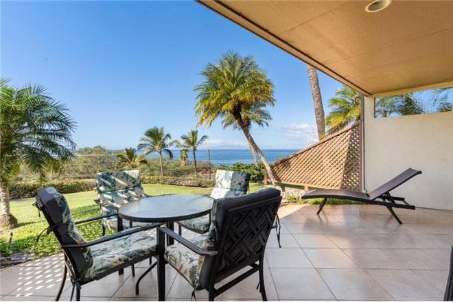 Covered patio with ocean view
