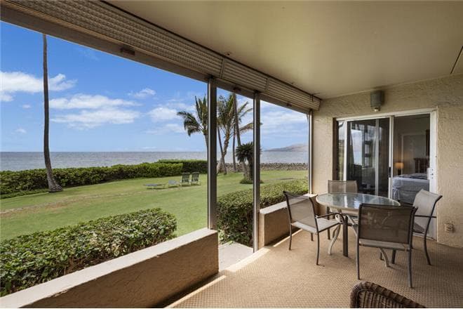 Covered patio with ocean view
