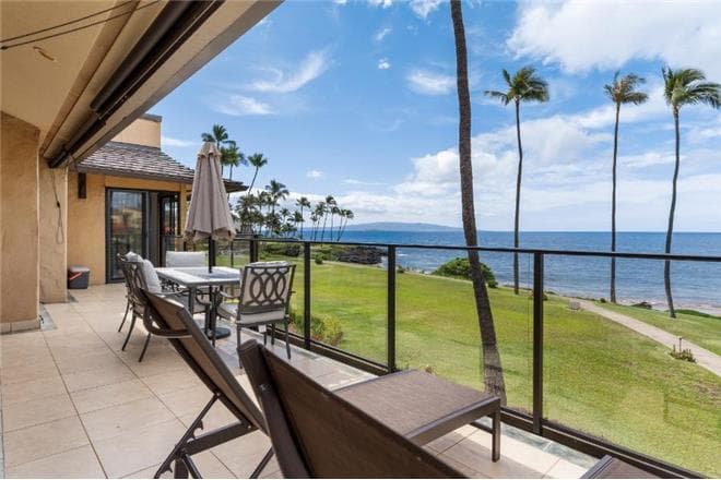 Covered patio with ocean view
