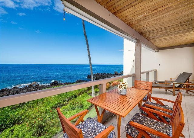 Covered patio with ocean view