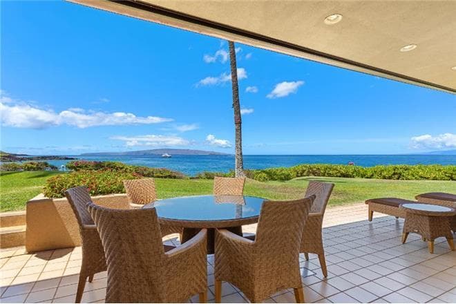 Covered patio with ocean view