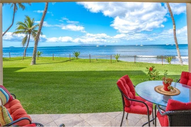 Covered patio with ocean view