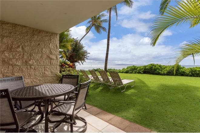 Covered patio with ocean view