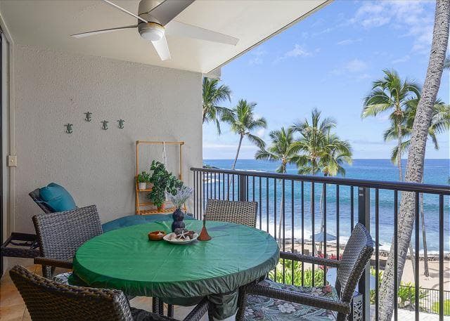 Covered patio with ocean view