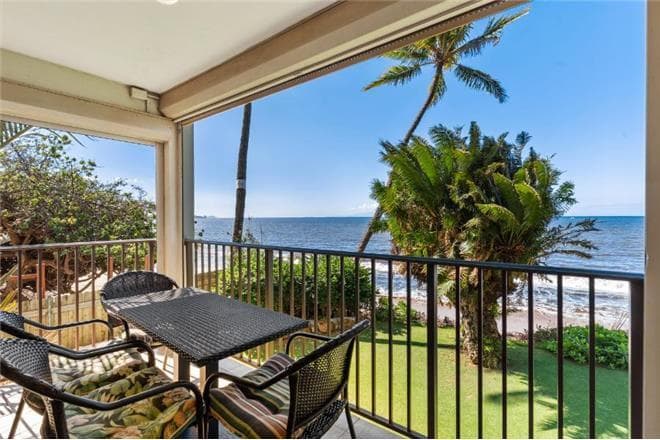 Covered patio with ocean view