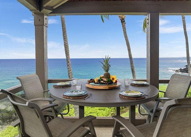 Covered patio with ocean view