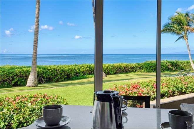 Covered patio with ocean view