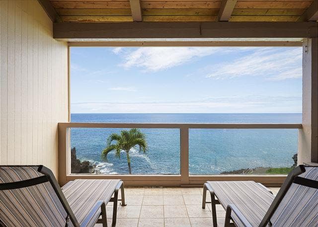 Covered patio with ocean view