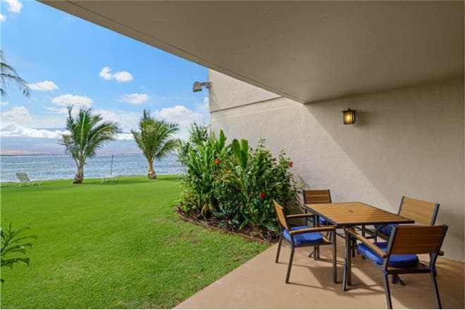 Covered patio with ocean view