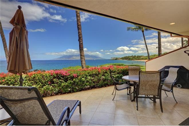 Covered patio with ocean view