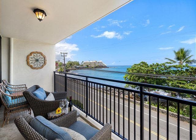 Covered patio with ocean view