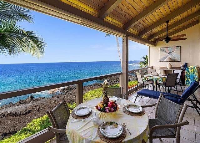 Covered patio with ocean view
