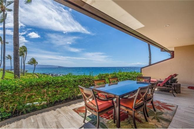 Covered patio with ocean view