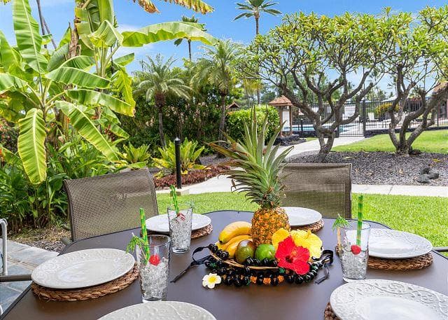 Covered patio with ocean view
