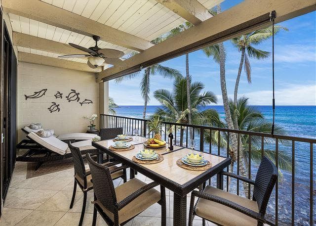 Covered patio with ocean view