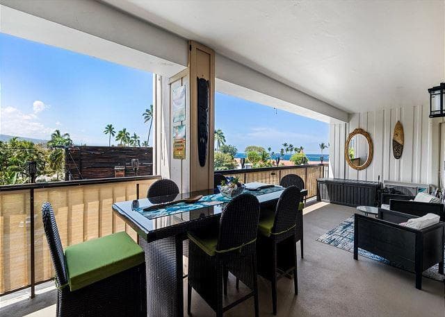 Covered patio with ocean view