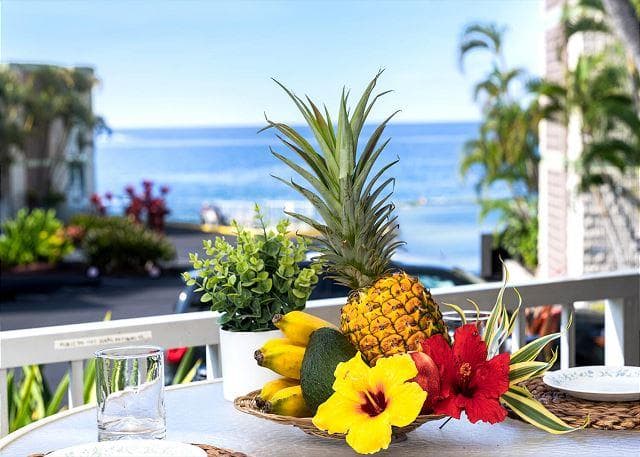 Covered patio with ocean view
