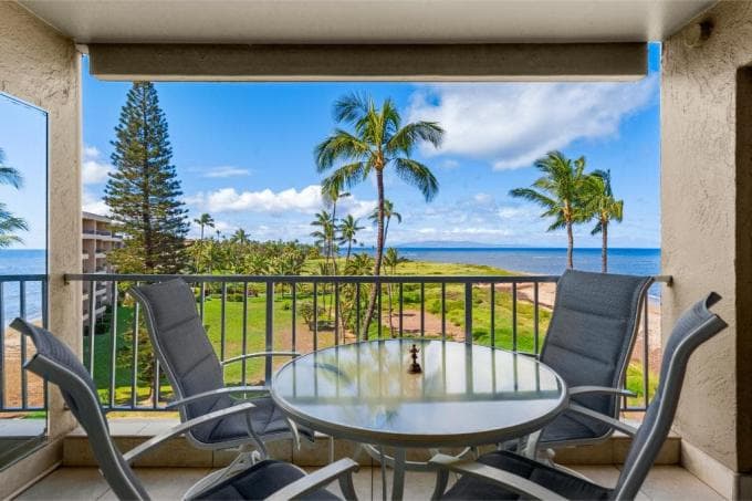 Covered patio with ocean view
