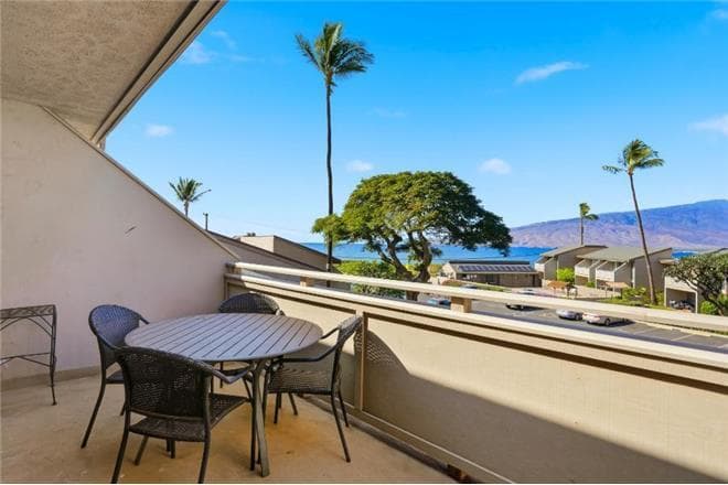 Covered patio with ocean view