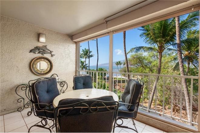 Covered patio with ocean view