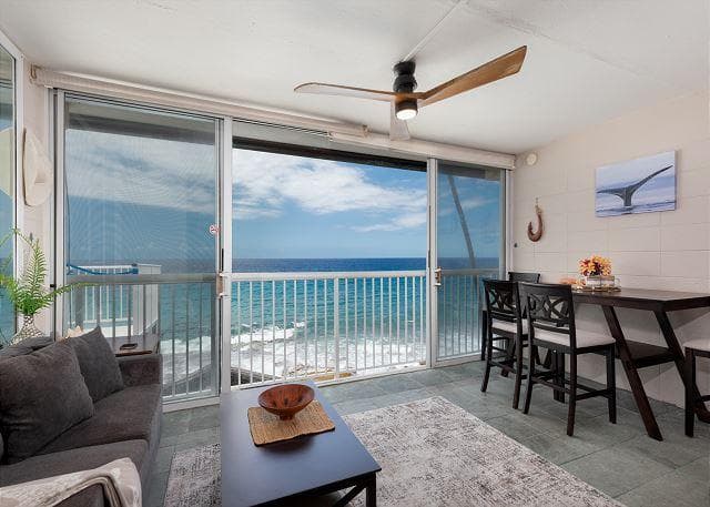 Covered patio with ocean view