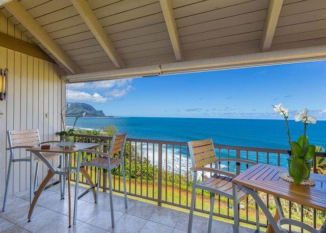 Covered patio with ocean view