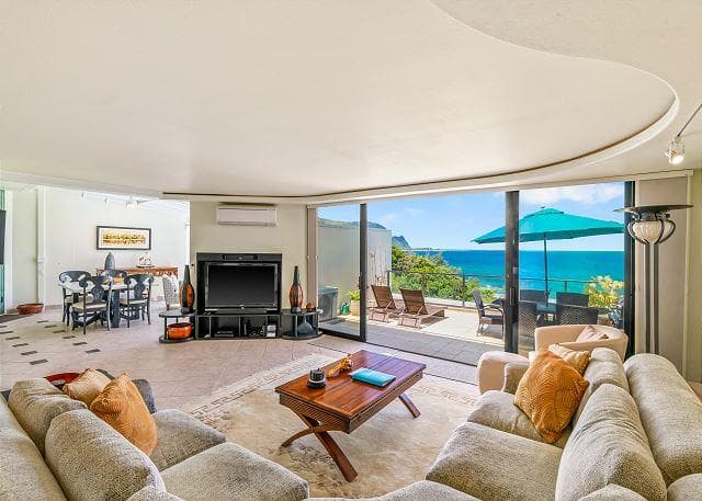Covered patio with ocean view