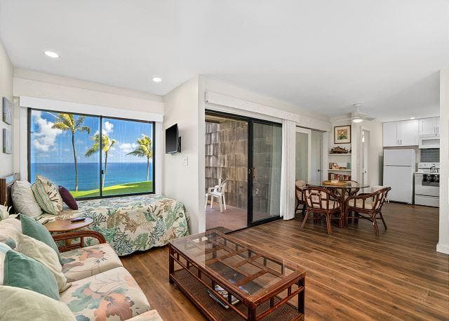 Covered patio with ocean view