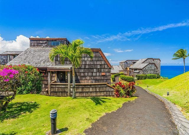 Covered patio with ocean view