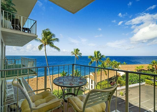 Covered patio with ocean view