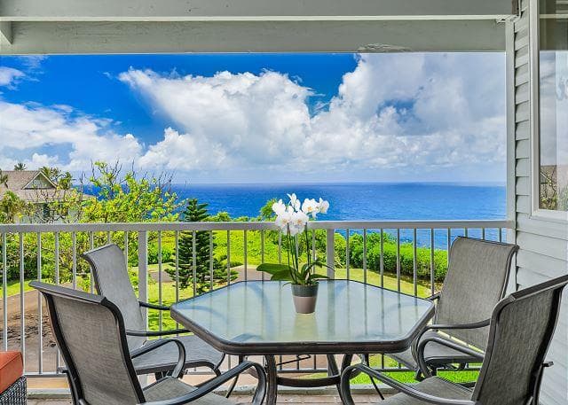 Covered patio with ocean view