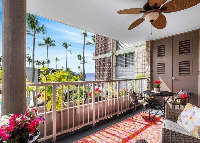 Covered patio with ocean view